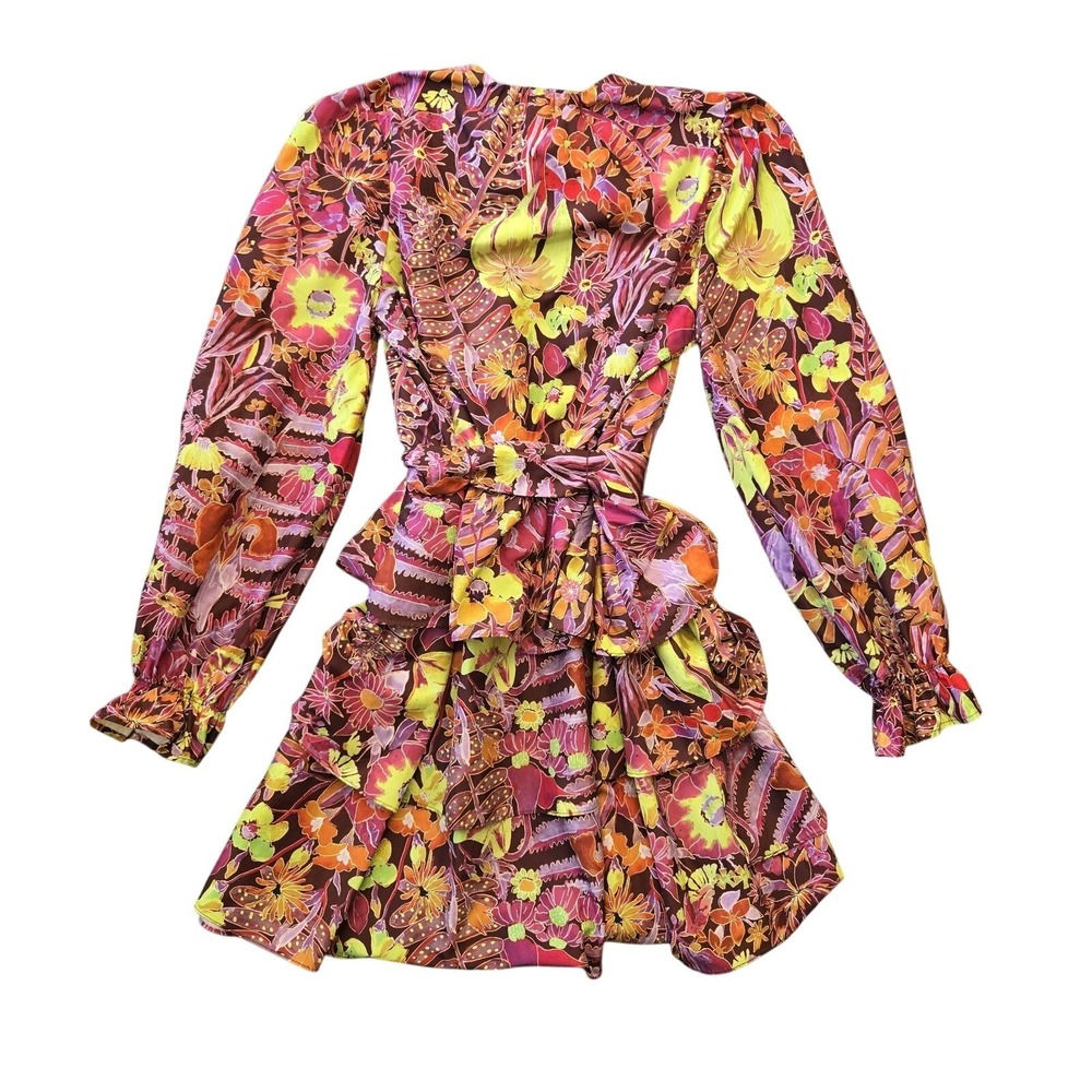 Marie Oliver Tiered Mini Dress Tropical Floral V Neck Long Sleeve Tie Waist XS - Picture 2 of 9